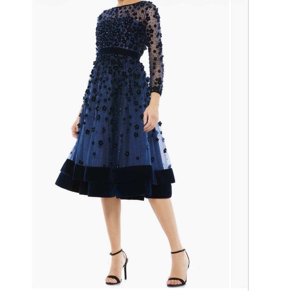 Mac Duggal Illusion Floral Applique Long Sleeve Navy Tea Midi Dress 10